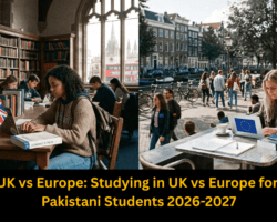 UK vs Europe study comparison for Pakistani students 2026–2027 showing students studying in the UK library and a European city campus.