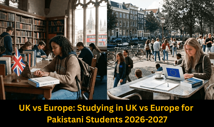 UK vs Europe study comparison for Pakistani students 2026–2027 showing students studying in the UK library and a European city campus.