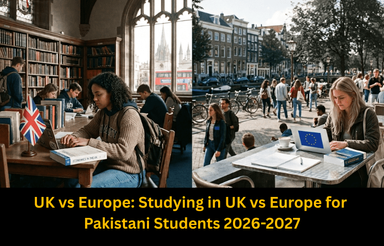 UK vs Europe study comparison for Pakistani students 2026–2027 showing students studying in the UK library and a European city campus.